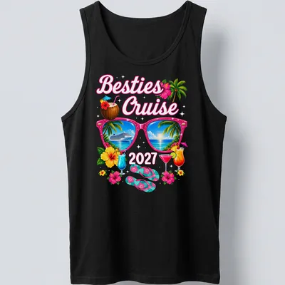 Tropical vacation t-shirt featuring sunglasses and cruise ship graphic — printed on a tank top
