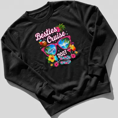 Tropical vacation t-shirt featuring sunglasses and cruise ship graphic — printed on a unisex sweatshirt