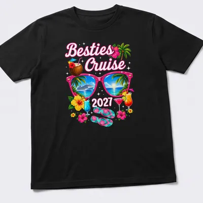 Tropical vacation t-shirt featuring sunglasses and cruise ship graphic — printed on a unisex t-shirt