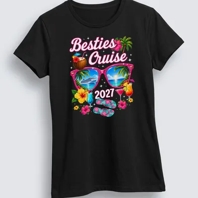 Tropical vacation t-shirt featuring sunglasses and cruise ship graphic — printed on a women's shirt