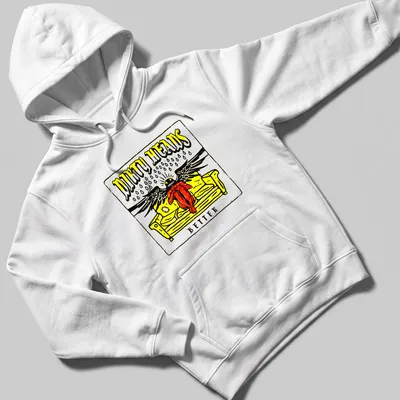 Bold graphic of a person with wings on a sofa, featuring the text 'DIRTY HEADS BETTER' in yellow, black, red, and white. — printed on a unisex hoodie