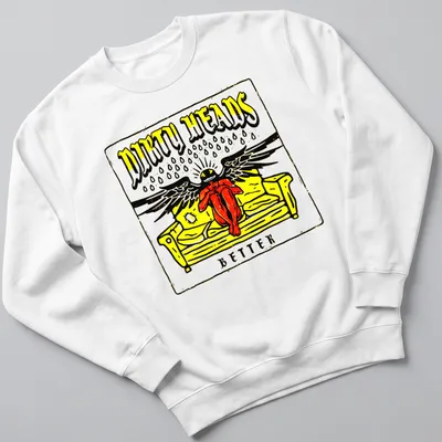 Bold graphic of a person with wings on a sofa, featuring the text 'DIRTY HEADS BETTER' in yellow, black, red, and white. — printed on a unisex sweatshirt