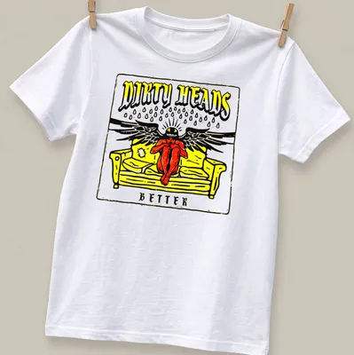 Bold graphic of a person with wings on a sofa, featuring the text 'DIRTY HEADS BETTER' in yellow, black, red, and white.