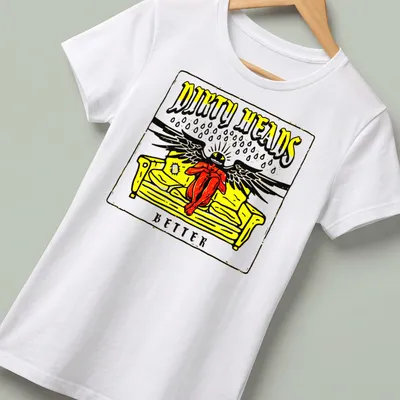 Bold graphic of a person with wings on a sofa, featuring the text 'DIRTY HEADS BETTER' in yellow, black, red, and white. — printed on a women's shirt