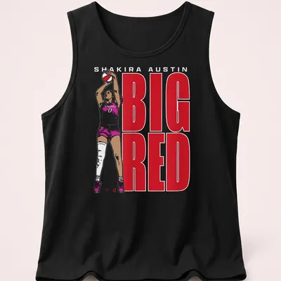 Bold graphic of basketball player Shakira Austin with red and white text — printed on a tank top