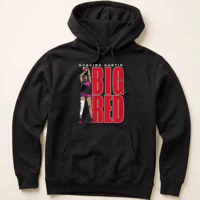 Bold graphic of basketball player Shakira Austin with red and white text — printed on a unisex hoodie
