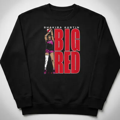 Bold graphic of basketball player Shakira Austin with red and white text — printed on a unisex sweatshirt