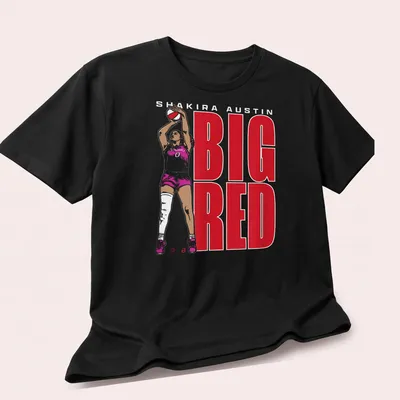 Bold graphic of basketball player Shakira Austin with red and white text — printed on a unisex t-shirt (angled view)