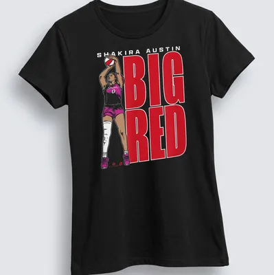 Bold graphic of basketball player Shakira Austin with red and white text — printed on a women's shirt