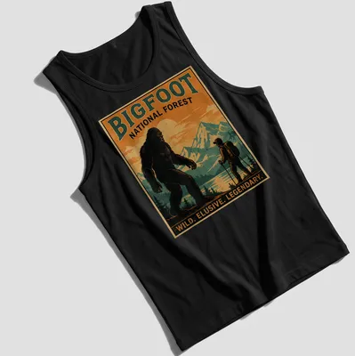 Vintage poster style Bigfoot t-shirt with bold text and forest imagery — printed on a tank top
