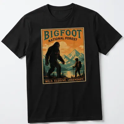Vintage poster style Bigfoot t-shirt with bold text and forest imagery — printed on a unisex t-shirt