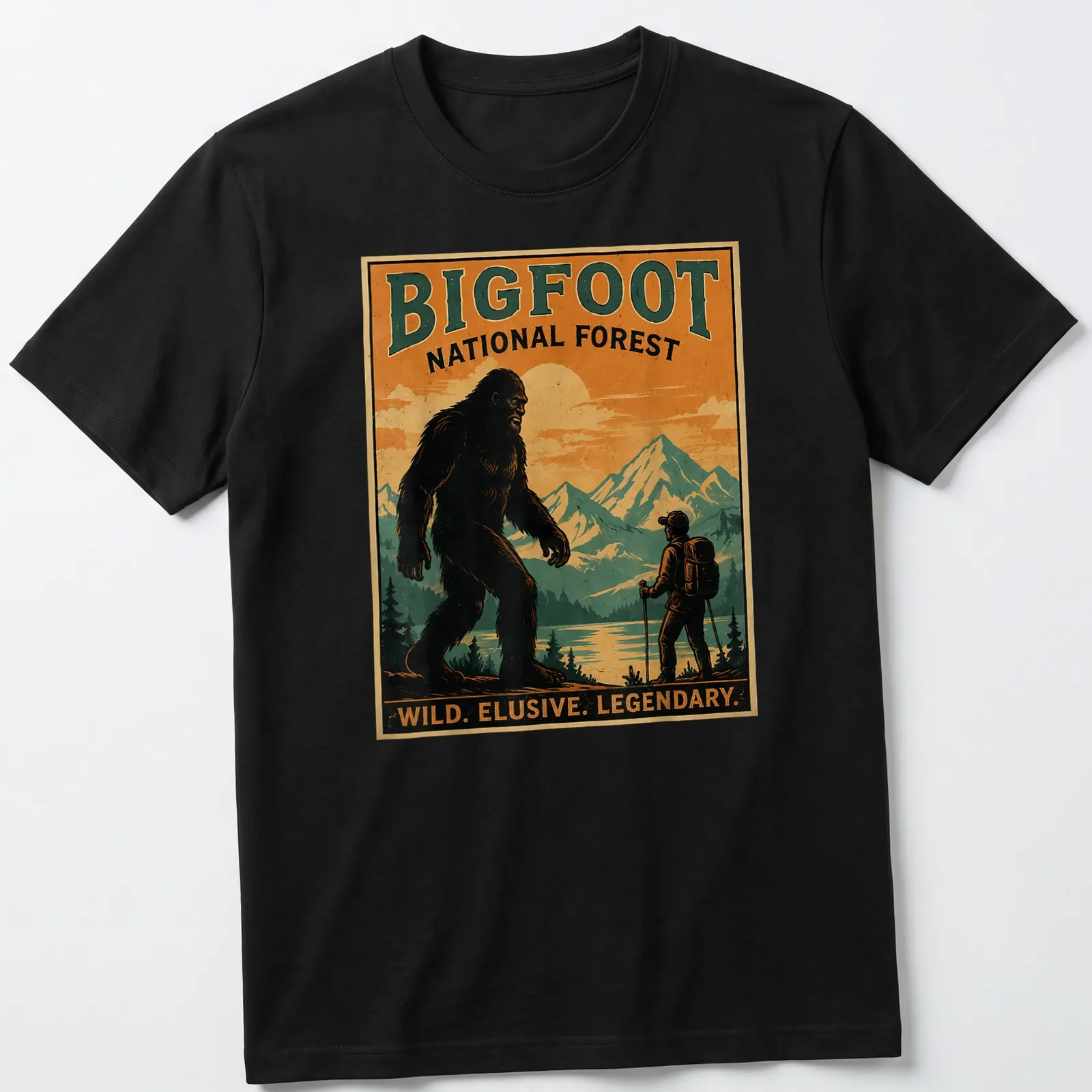 Vintage poster style Bigfoot t-shirt with bold text and forest imagery — printed on a unisex t-shirt