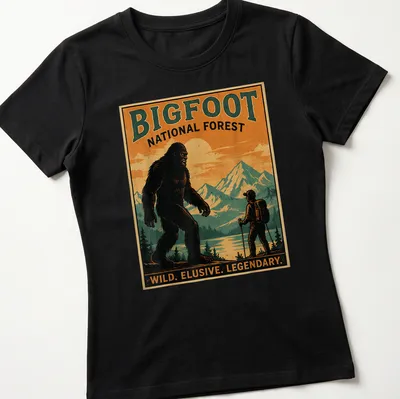 Vintage poster style Bigfoot t-shirt with bold text and forest imagery — printed on a women's shirt