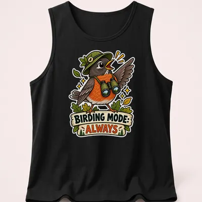 Colorful cartoon robin with text 'BIRDING MODE: ALWAYS' on — printed on a tank top