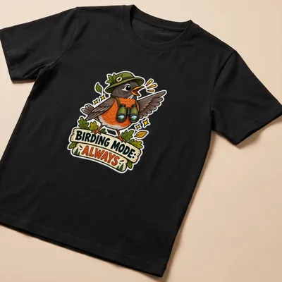 Colorful cartoon robin with text 'BIRDING MODE: ALWAYS' on — printed on a unisex t-shirt
