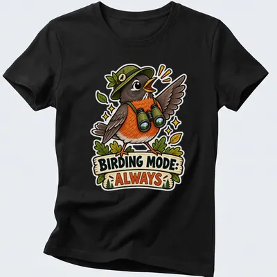 Colorful cartoon robin with text 'BIRDING MODE: ALWAYS' on — printed on a women's shirt