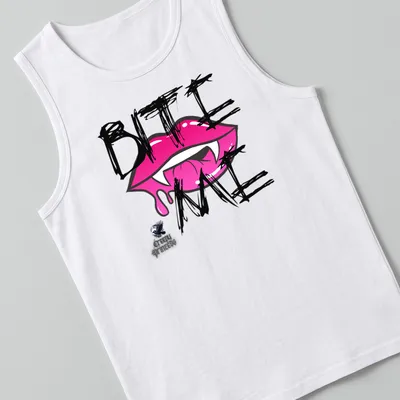Bold graphic t-shirt with pink lips and the phrase 'BITE ME' in black and white. — printed on a tank top