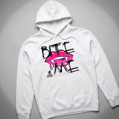 Bold graphic t-shirt with pink lips and the phrase 'BITE ME' in black and white. — printed on a unisex hoodie
