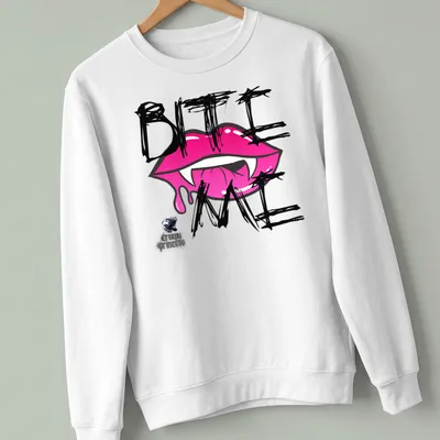 Bold graphic t-shirt with pink lips and the phrase 'BITE ME' in black and white. — printed on a unisex sweatshirt