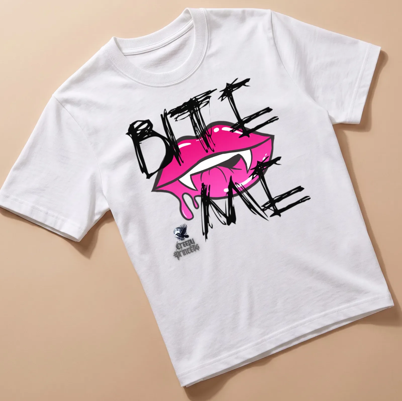 Bold graphic t-shirt with pink lips and the phrase 'BITE ME' in black and white. — printed on a unisex t-shirt