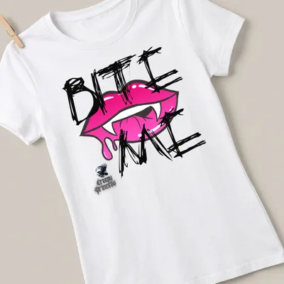 Bold graphic t-shirt with pink lips and the phrase 'BITE ME' in black and white. — printed on a women's shirt