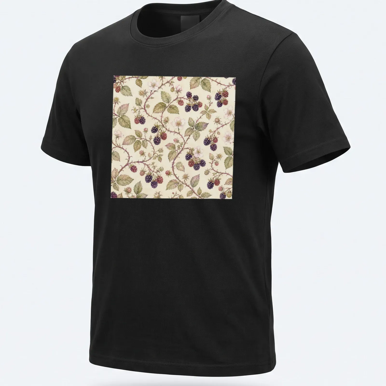 Cottagecore pattern featuring blackberry bramble in floral design. — printed on a unisex t-shirt