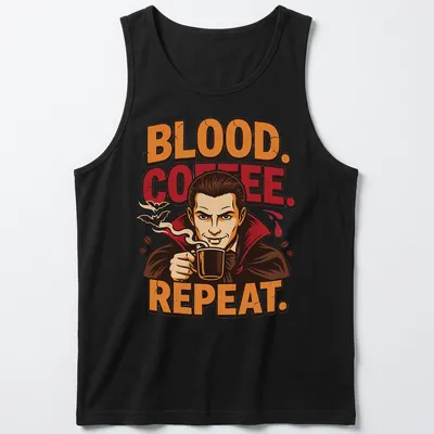 Cartoon vampire enjoying a cup of coffee with humorous text — printed on a tank top