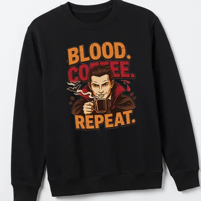 Cartoon vampire enjoying a cup of coffee with humorous text — printed on a unisex sweatshirt