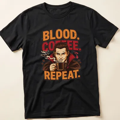 Cartoon vampire enjoying a cup of coffee with humorous text — printed on a unisex t-shirt