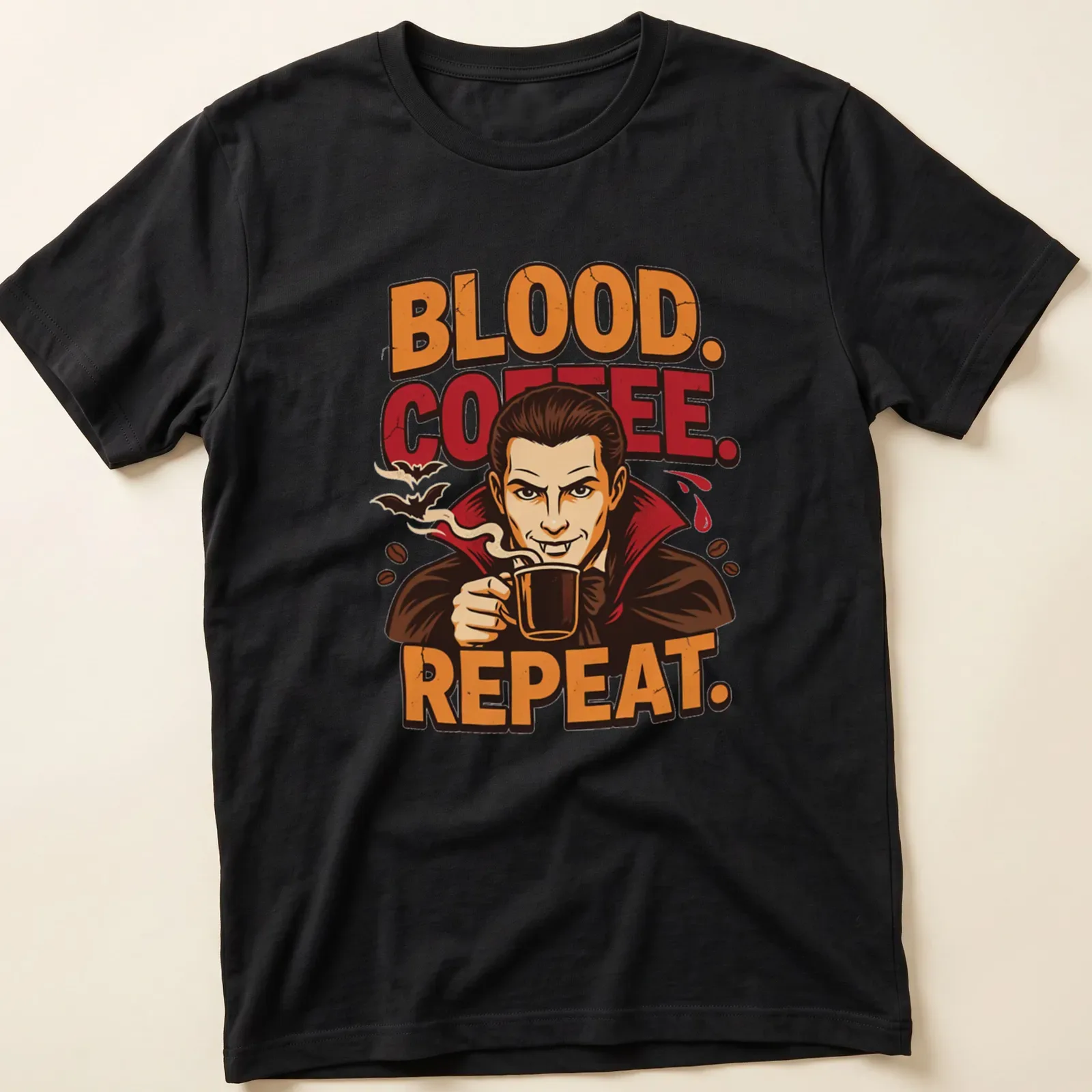 Cartoon vampire enjoying a cup of coffee with humorous text — printed on a unisex t-shirt