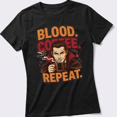 Cartoon vampire enjoying a cup of coffee with humorous text — printed on a women's shirt