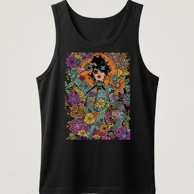 Vibrant pop art woman surrounded by colorful flowers in purple, pink, and green — printed on a tank top
