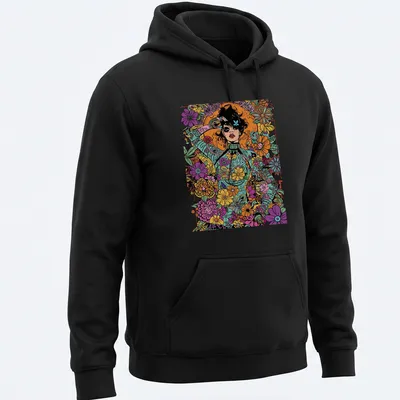 Vibrant pop art woman surrounded by colorful flowers in purple, pink, and green — printed on a unisex hoodie