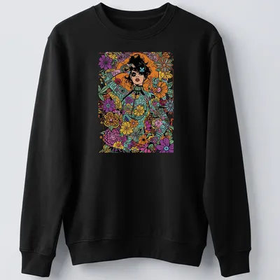 Vibrant pop art woman surrounded by colorful flowers in purple, pink, and green — printed on a unisex sweatshirt