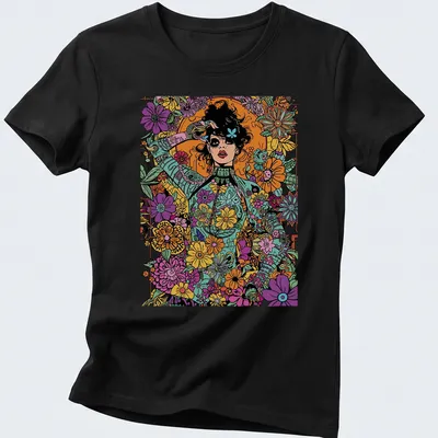 Vibrant pop art woman surrounded by colorful flowers in purple, pink, and green — printed on a women's shirt