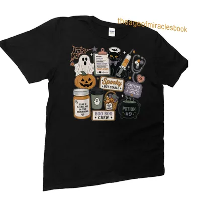 Kawaii doodle black cat Halloween shirt with colorful playful text — printed on a unisex t-shirt (angled view)