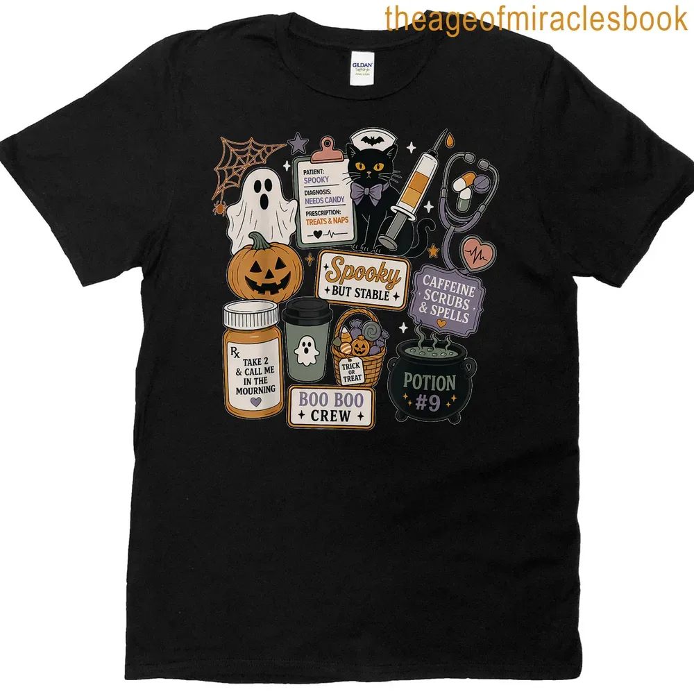 Kawaii doodle black cat Halloween shirt with colorful playful text