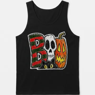 Retro doodle Halloween t-shirt with black cat, skull, and pumpkin graphics — printed on a tank top