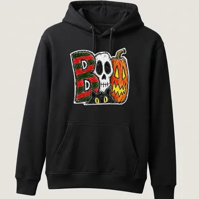 Retro doodle Halloween t-shirt with black cat, skull, and pumpkin graphics — printed on a unisex hoodie