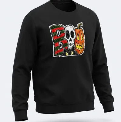 Retro doodle Halloween t-shirt with black cat, skull, and pumpkin graphics — printed on a unisex sweatshirt