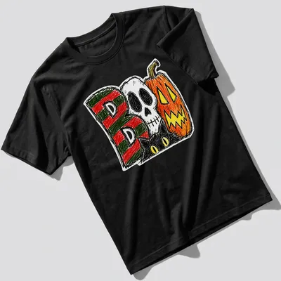 Retro doodle Halloween t-shirt with black cat, skull, and pumpkin graphics