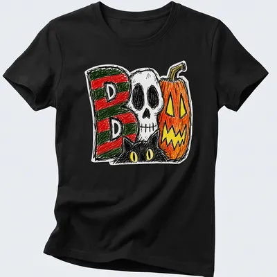 Retro doodle Halloween t-shirt with black cat, skull, and pumpkin graphics — printed on a women's shirt