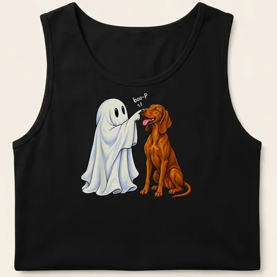 Colorful cartoon illustration of a Vizsla dog with a ghost nose and the text Boo-P — printed on a tank top