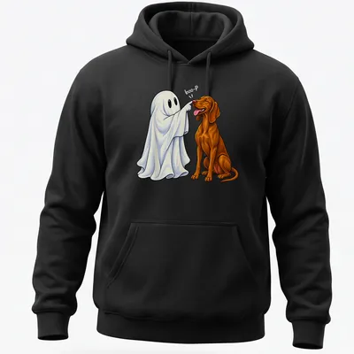 Colorful cartoon illustration of a Vizsla dog with a ghost nose and the text Boo-P — printed on a unisex hoodie