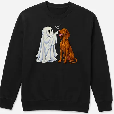 Colorful cartoon illustration of a Vizsla dog with a ghost nose and the text Boo-P — printed on a unisex sweatshirt