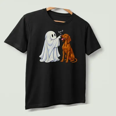 Colorful cartoon illustration of a Vizsla dog with a ghost nose and the text Boo-P — printed on a unisex t-shirt (angled view)