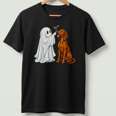 Colorful cartoon illustration of a Vizsla dog with a ghost nose and the text Boo-P — printed on a unisex t-shirt