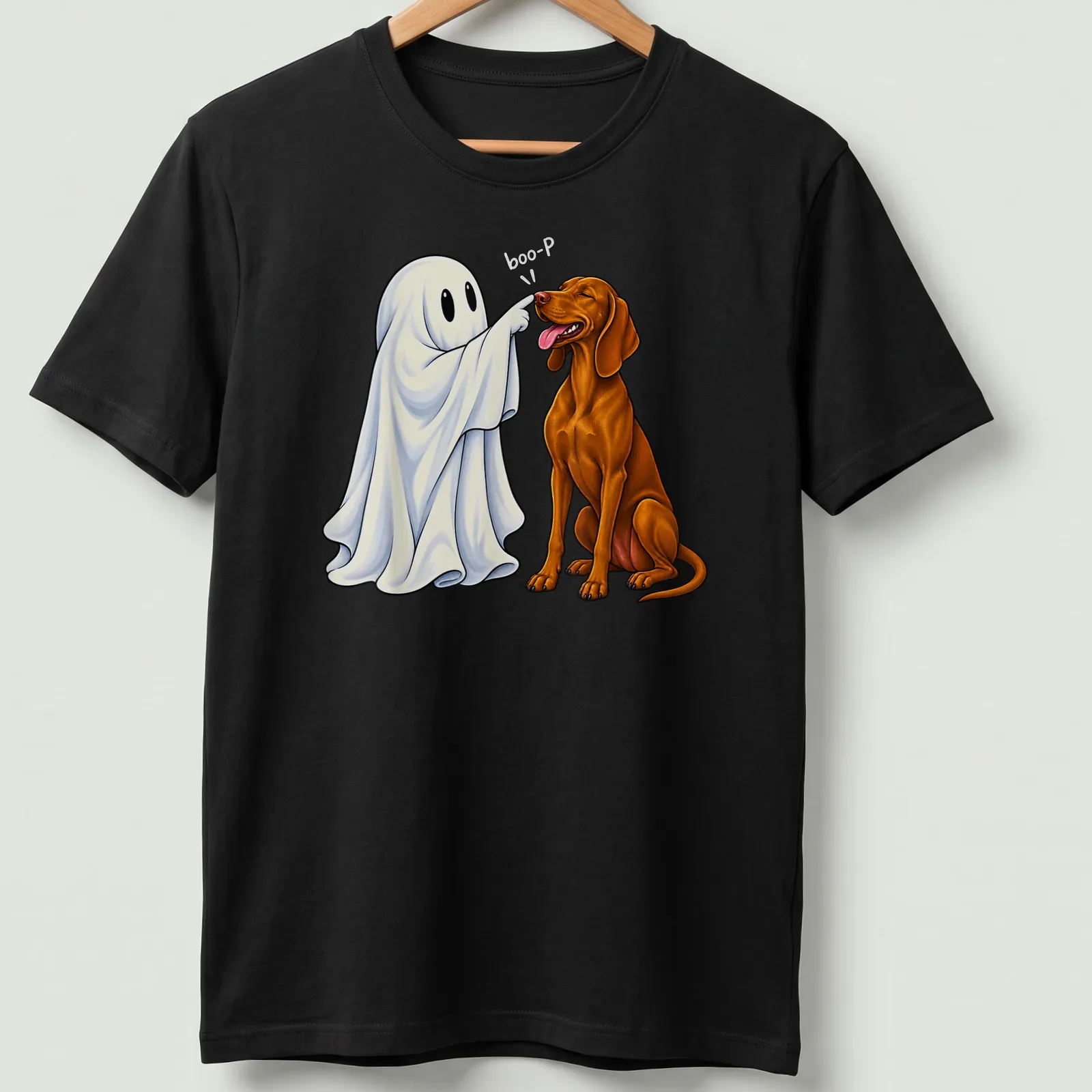 Colorful cartoon illustration of a Vizsla dog with a ghost nose and the text Boo-P — printed on a unisex t-shirt