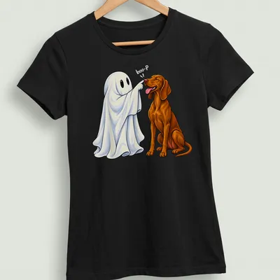 Colorful cartoon illustration of a Vizsla dog with a ghost nose and the text Boo-P — printed on a women's shirt