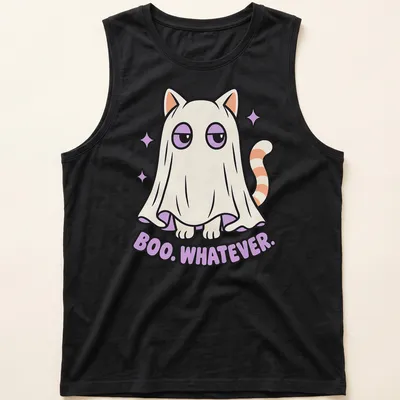 Cute cat in ghost costume with text 'Boo. Whatever.' in kawaii style — printed on a tank top